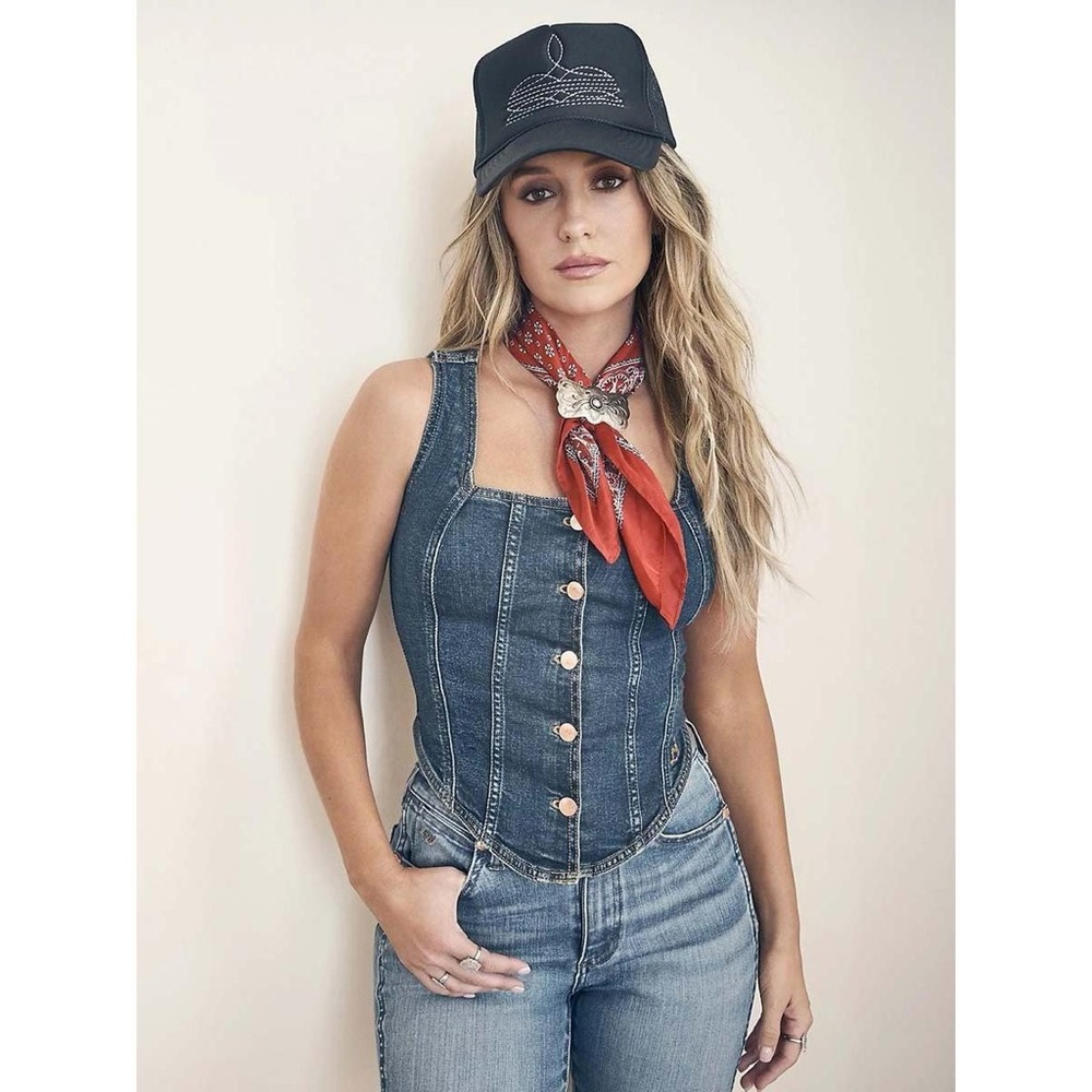 WRANGLER X LAINEY WILSON WOMEN'S PONY UP BUTTON-DOWN BUSTIER DENIM TOP